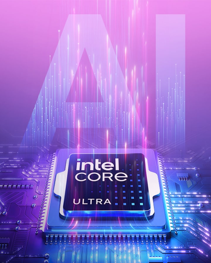 La imagen presenta un procesador Intel Core Ultra con AI sobre un fondo futurista y vibrante en tonos morados y azules. En el fondo aparece un gran texto semitransparente con las siglas ‘AI’