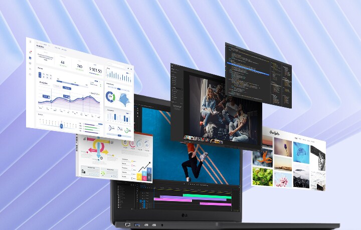 La imagen muestra un portátil con varias ventanas de aplicaciones flotando a su alrededor, destacando sus capacidades de multitarea. Las aplicaciones incluyen analítica de datos, programación, edición de fotos y reproducción de vídeo, lo que indica compatibilidad con tareas diversas como productividad, trabajo creativo y desarrollo.