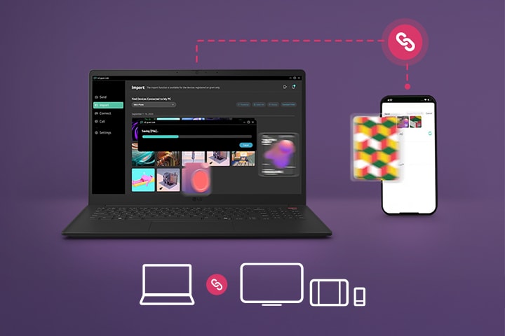 Sobre un fondo en tonos púrpura, un icono de enlace conecta visualmente un portátil, un televisor, una tablet y un dispositivo móvil, ilustrando una vinculación inalámbrica fluida para compartir pantalla y conectar varios dispositivos.