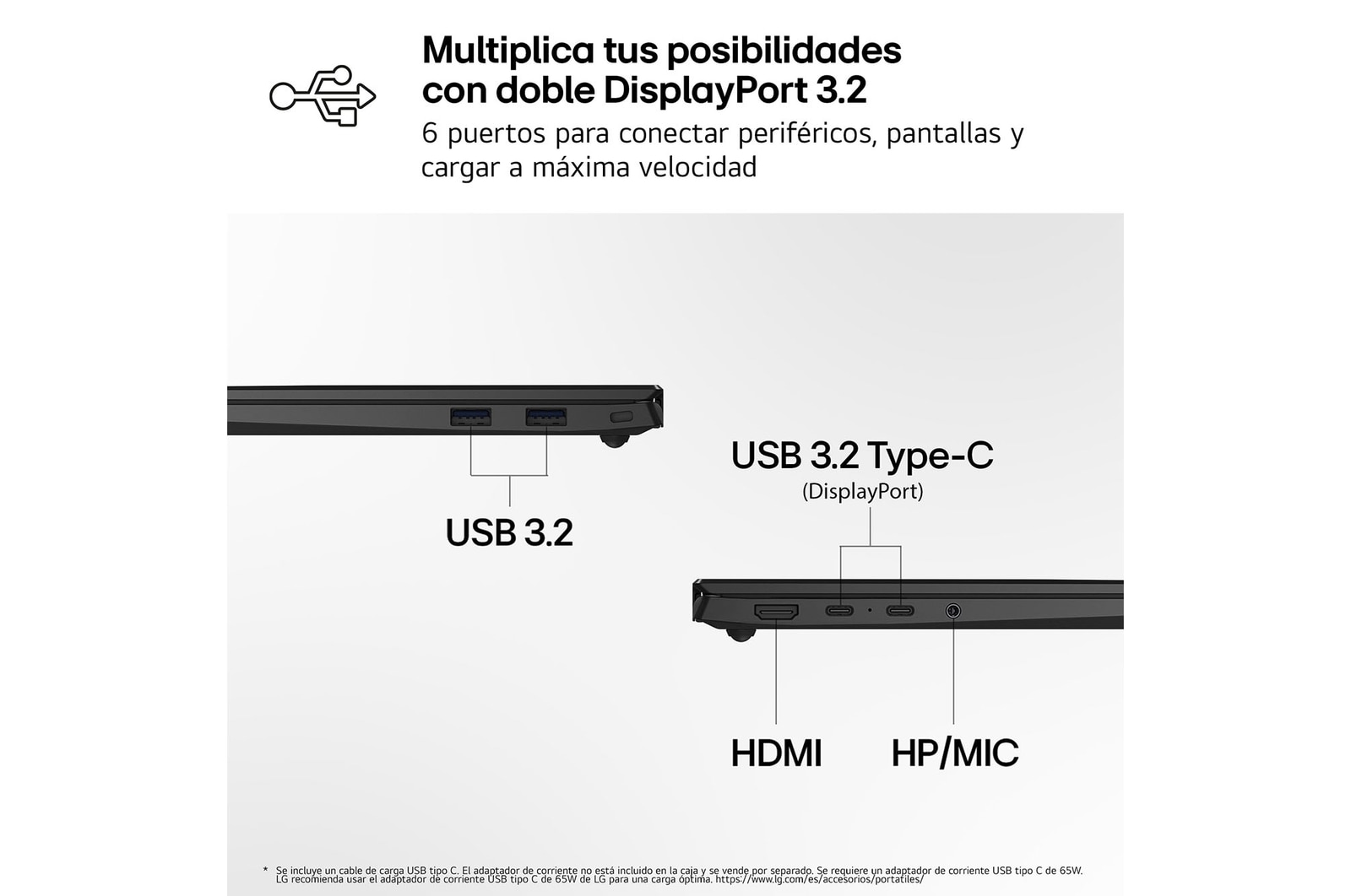 A side view of an LG gram Pro laptop showing its connectivity ports. The image labels include USB 3.2 ports, an HP/MIC audio jack, HDMI, and USB 4 Type-C ports with Thunderbolt 4 support, illustrating the device’s wired connection options.