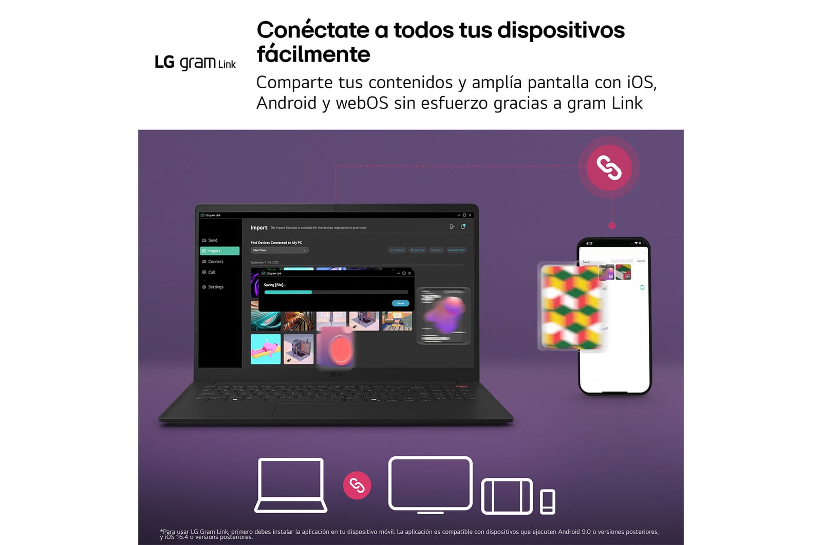 A top-down view of an LG gram Pro aptop surrounded by circular sound wave graphics. The image visually represents immersive spatial audio, with Dolby Atmos branding shown on the lower corner of the scene.