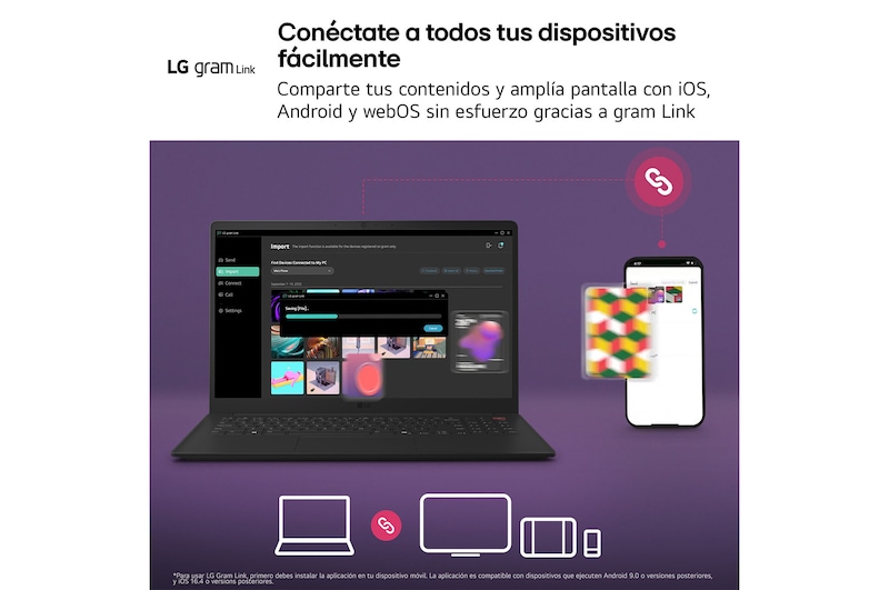 A top-down view of an LG gram Pro aptop surrounded by circular sound wave graphics. The image visually represents immersive spatial audio, with Dolby Atmos branding shown on the lower corner of the scene.