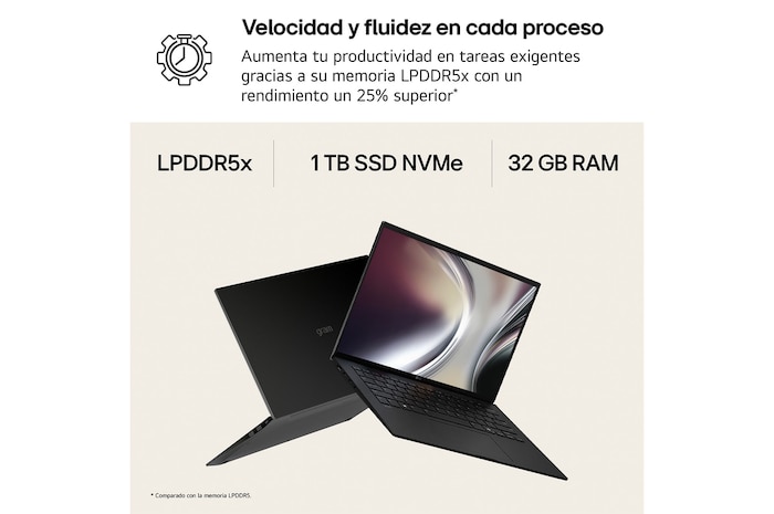 An LG gram Pro laptop displayed from the front, shown above a circular battery graphic indicating long battery performance. The image highlights up to 26 hours of usage with a 77 Wh battery, represented through visual icons and a dashboard-style screen on the display.