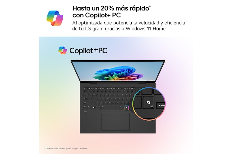 A floating LG gram Pro AI laptop shown from multiple angles, highlighting its slim and lightweight design. The image presents key features including 1,199 g weight, 12.4 mm thin body, Windows 11 Home Copilot+ PC, AMD Ryzen AI processor, on-device and cloud AI support, a 16-inch 16:10 2.5K LCD display, DCI-P3 99% color gamut, and a variable refresh rate of 31 to 144 Hz.