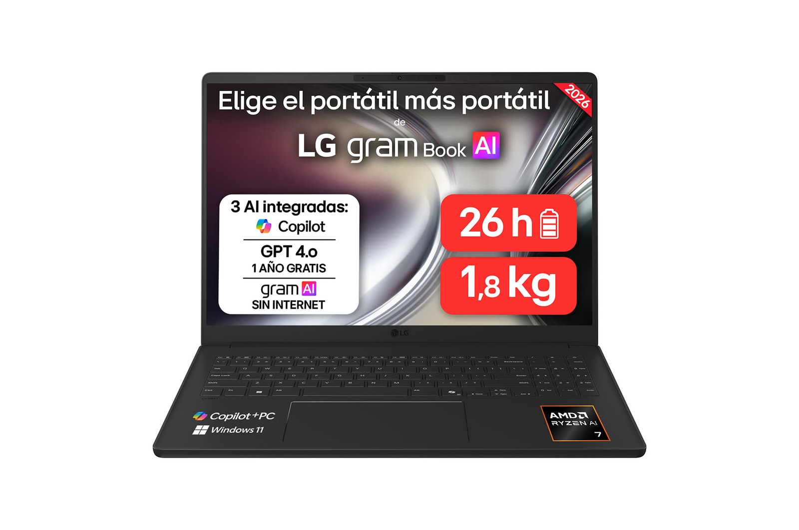 Vista frontal de Portátil 16" LG gram 16U55U, Copilot+ PC, Windows 11 Home, Ryzen AI 7 445, 16 GB RAM, 512 GB SSD, AMD Radeon™ Graphics, Pantalla IPS (1920*1200), ligero, 1.800 g , 26 h, AI, Negro carbón 16U55U-G.AU75BN