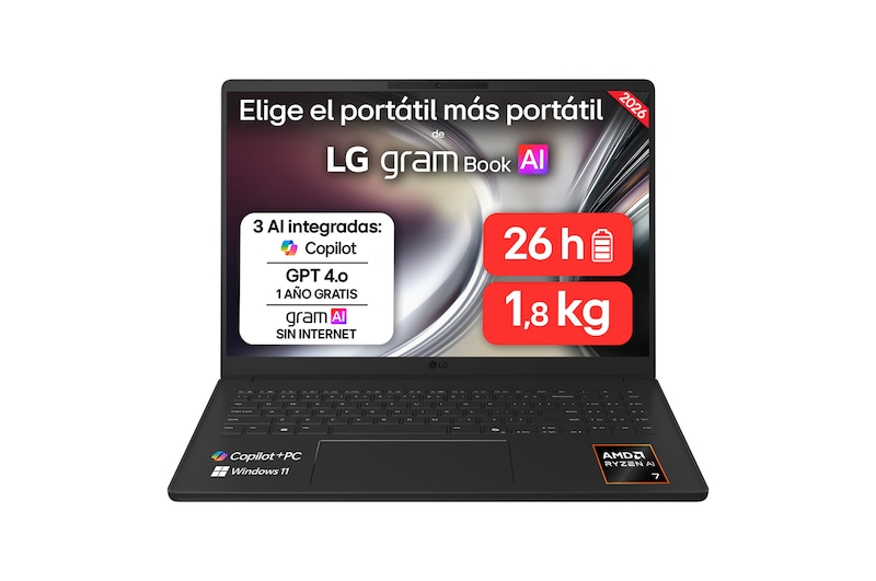Vista frontal de Portátil 16" LG gram 16U55U, Copilot+ PC, Windows 11 Home, Ryzen AI 7 445, 16 GB RAM, 512 GB SSD, AMD Radeon™ Graphics, Pantalla IPS (1920*1200), ligero, 1.800 g , 26 h, AI, Negro carbón 16U55U-G.AU75BN