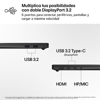 A side view of an LG gram Pro laptop showing its connectivity ports. The image labels include USB 3.2 ports, an HP/MIC audio jack, HDMI, and USB 4 Type-C ports with Thunderbolt 4 support, illustrating the device’s wired connection options.