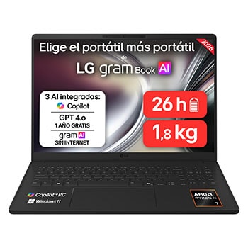 Vista frontal de Portátil 16" LG gram 16U55U, Copilot+ PC, Windows 11 Home, Ryzen AI 7 445, 16 GB RAM, 512 GB SSD, AMD Radeon™ Graphics, Pantalla IPS (1920*1200), ligero, 1.800 g , 26 h, AI, Negro carbón 16U55U-G.AU75BN