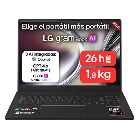 Portátil - LG Gram 16U55U-G.AU75BN, 16" WUXGA Copilot+ PC, AMD Ryzen™ AI 7 445 50 TOPS, 16GB RAM, 512 GB SSD, Windows 11 Home, Sin cargador