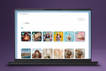 Esta imagen muestra la pantalla del portátil con una interfaz de biblioteca de fotos que incluye miniaturas categorizadas, destacando la búsqueda y organización de fotos con IA en LG gram Link.