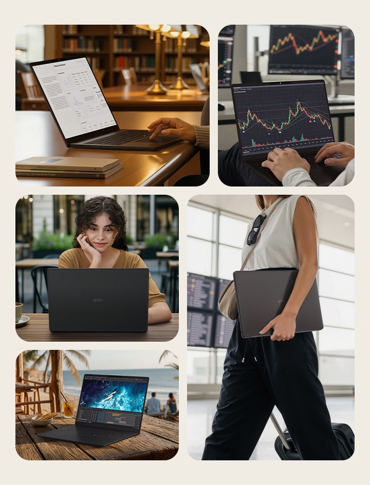 Esta imagen muestra varios escenarios de uso cotidiano del portátil LG gram Book, como trabajar en interiores, colaborar en tareas, utilizar el portátil durante los desplazamientos y llevarlo mientras te mueves, destacando su portabilidad y productividad flexible en distintos entornos.