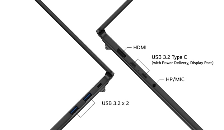 Esta imagen destaca los puertos laterales de un portátil, incluidos HDMI, USB 3.2 Type‑C con Power Delivery y compatibilidad con DisplayPort, puertos USB 3.2 y una toma combinada para auriculares/micrófono, lo que permite una conexión plug‑and‑play sencilla para carga, transferencia de datos y pantallas externas sin necesidad de una base docking