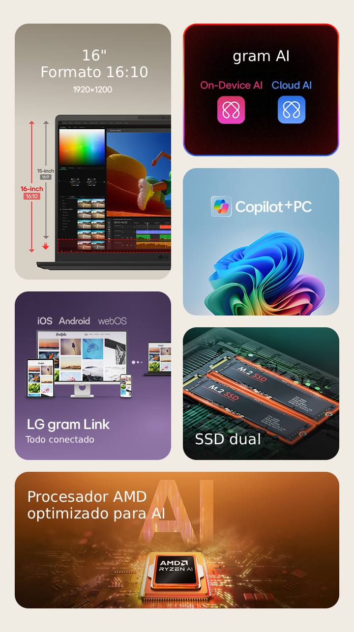 “Resumen de características del portátil LG gram Book de 16 pulgadas, que destaca su pantalla de 16 pulgadas en formato 16:10 (1920 × 1200), sus capacidades de AI dual tanto en el dispositivo como en la nube, compatibilidad con Copilot+ PC, el procesador AMD de última generación, la conectividad LG gram Link compatible con dispositivos iOS, Android y webOS, y la posibilidad de ampliar el almacenamiento con doble SSD.”