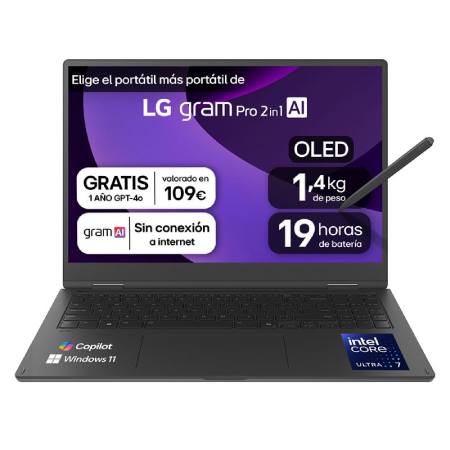 Portátil 16″ LG gram Pro 2en1 16T90TP, Windows 11 Home, Intel® Core™ Ultra7, 32 GB RAM, 1TB SSD, Panel IPS WQXGA+ (2880×1800), Ligero 1,4 kg, 19 h, AI, Negro – 16T90TP-K.AD88BN