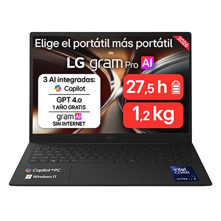 Portátil 16" LG gram Pro 16Z90U, Copilot+ PC, Windows 11 Home, Intel® Core™ Ultra 7, 32 GB RAM, 512 GB SSD, Pantalla IPS (2560*1600), ligero, 1.239 g, 27.5 h, AI, Negro carbón - 16Z90U-G.AU85BN | LG ES