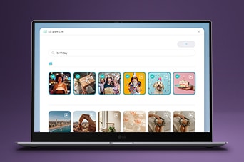 Esta imagen muestra la pantalla del portátil con una interfaz de biblioteca de fotos que incluye miniaturas categorizadas, destacando la búsqueda y organización de fotos con IA en LG gram Link.