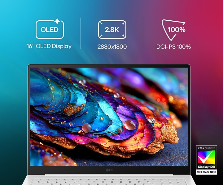 El portátil LG gram Pro AI (16Z90U) incorpora una pantalla OLED de 16 pulgadas con resolución WQXGA+ y cobertura del 100% DCI‑P3 para ofrecer imágenes vivas y nítidas.