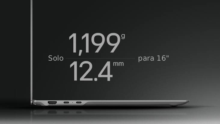 Portátil LG gram Pro AI (16Z90U) con un peso ultraligero de 1.199 g y un perfil ultrafino de 12,4 mm para una portabilidad total.