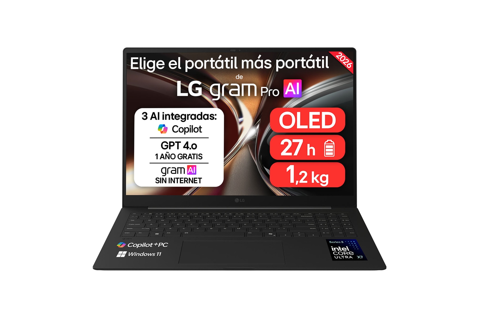 Vista frontal de Portátil 16" LG gram Pro 16Z90U, Copilot+ PC, Windows 11 Home, Intel® Core™ Ultra X7, 32 GB RAM , 512 GB SSD, Intel® Arc™ graphics B390 Graphics, Pantalla OLED (2880*1800), ligero, 1.199 g, 27 h, AI, Negro carbón 16Z90U-K.AUB5BN