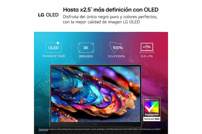 A front view of an LG gram Pro laptop featuring a 16-inch 3K OLED display. Icons above the device indicate OLED technology, 2880 × 1800 resolution, and 100% DCI-P3 color gamut. The screen shows a vivid, high-contrast image, with a VESA DisplayHDR True Black 1000 certification badge displayed beside the laptop.