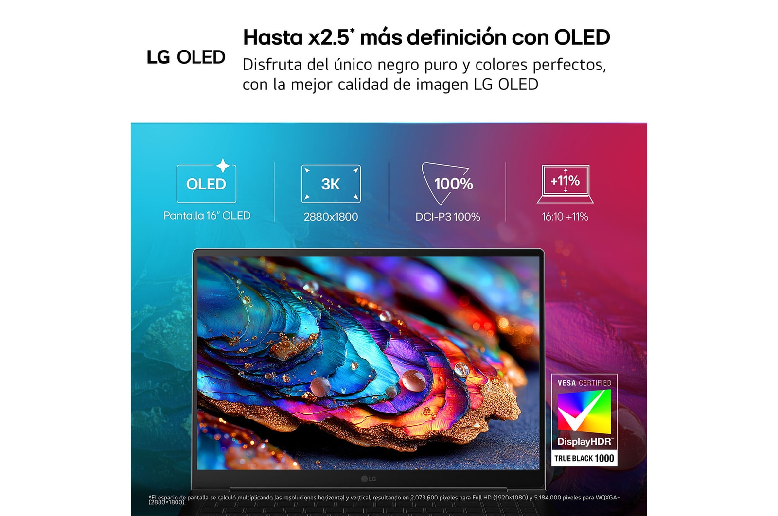 A front view of an LG gram Pro laptop featuring a 16-inch 3K OLED display. Icons above the device indicate OLED technology, 2880 × 1800 resolution, and 100% DCI-P3 color gamut. The screen shows a vivid, high-contrast image, with a VESA DisplayHDR True Black 1000 certification badge displayed beside the laptop.
