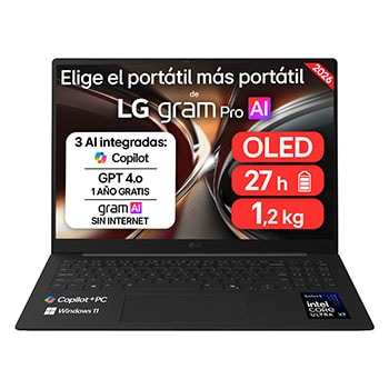 Vista frontal de Portátil 16" LG gram Pro 16Z90U, Copilot+ PC, Windows 11 Home, Intel® Core™ Ultra X7, 32 GB RAM , 512 GB SSD, Intel® Arc™ graphics B390 Graphics, Pantalla OLED (2880*1800), ligero, 1.199 g, 27 h, AI, Negro carbón 16Z90U-K.AUB5BN