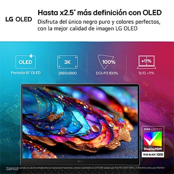 A front view of an LG gram Pro laptop featuring a 16-inch 3K OLED display. Icons above the device indicate OLED technology, 2880 × 1800 resolution, and 100% DCI-P3 color gamut. The screen shows a vivid, high-contrast image, with a VESA DisplayHDR True Black 1000 certification badge displayed beside the laptop.