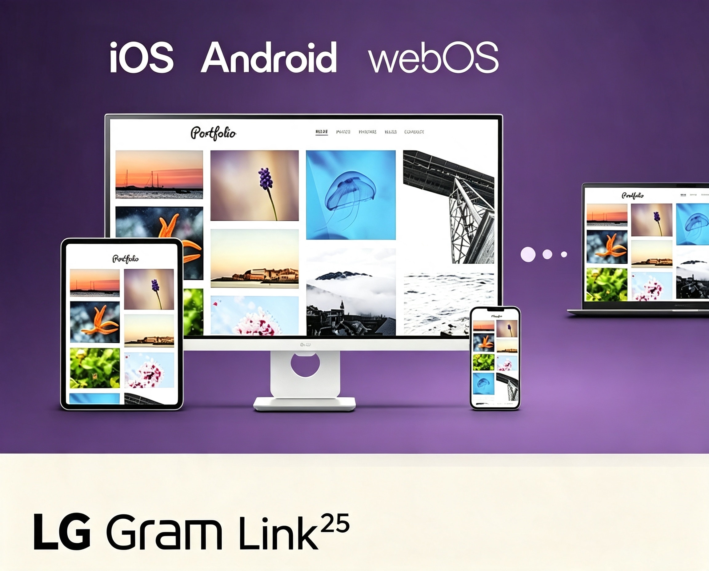 Esta imagen muestra un portátil LG gram conectado a una tablet, un smartphone y un monitor de escritorio, ilustrando la sincronización fluida entre dispositivos y el intercambio de contenido entre iOS, Android y webOS mediante LG gram Link.