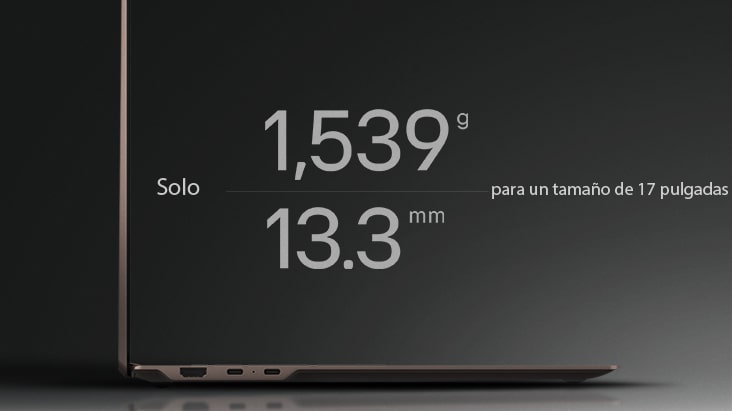 Esta imagen muestra una vista lateral en primer plano del portátil gram Pro de 17 pulgadas, destacando un peso de solo 1.539 gramos y un grosor de 13,3 mm para el formato de 17 pulgadas.