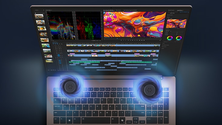 Esta imagen muestra un portátil LG gram Pro exhibiendo contenido de edición de vídeo en la pantalla, con dos elementos visuales circulares de color azul situados debajo del área del teclado.