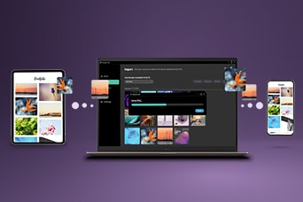 Esta imagen muestra cómo conectar el teléfono al portátil de forma inalámbrica, con fotos y archivos transfiriéndose entre dispositivos, ilustrando el envío de archivos entre múltiples dispositivos mediante LG gram Link.