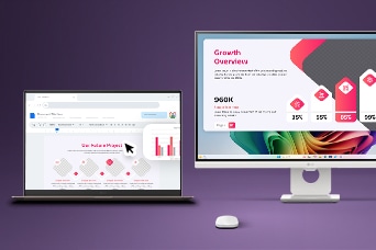 Esta imagen muestra un portátil conectado a un monitor externo con un espacio de trabajo compartido, demostrando la ampliación de pantalla entre dispositivos y el control unificado utilizando un solo teclado y ratón.