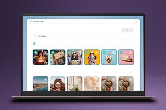 Esta imagen muestra la pantalla del portátil con una interfaz de biblioteca de fotos que incluye miniaturas categorizadas, destacando la búsqueda y organización de fotos con IA en LG gram Link.