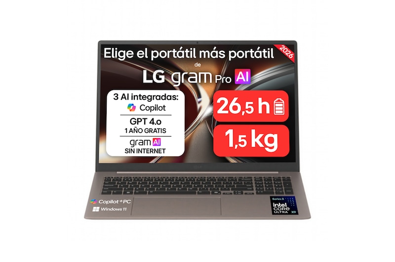 Vista frontal de Portátil 17" LG gram Pro 17Z90UB, Copilot+ PC, Windows 11 Home, Intel® Core™ Ultra X9,  32 GB RAM, 1TB SSD, Intel® Arc™ B390 graphics, Pantalla IPS Touch (2560*1600), ligero, 1.539 g, 26.5 h, AI, Chocolate 17Z90UB-H.AU99BN