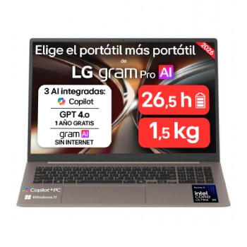 Vista frontal de Portátil 17" LG gram Pro 17Z90UB, Copilot+ PC, Windows 11 Home, Intel® Core™ Ultra X9,  32 GB RAM, 1TB SSD, Intel® Arc™ B390 graphics, Pantalla IPS Touch (2560*1600), ligero, 1.539 g, 26.5 h, AI, Chocolate 17Z90UB-H.AU99BN