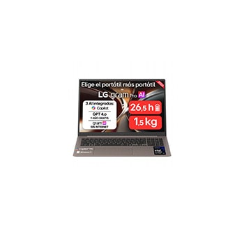 Vista frontal de Portátil 17" LG gram Pro 17Z90UB, Copilot+ PC, Windows 11 Home, Intel® Core™ Ultra X9, 32 GB RAM, 512 GB SSD, Intel® Arc™ B390 graphics, Pantalla IPS Táctil (2560*1600), ligero, 1.539 g, 26.5 h, AI, Chocolate 17Z90UB-H.AU96BN