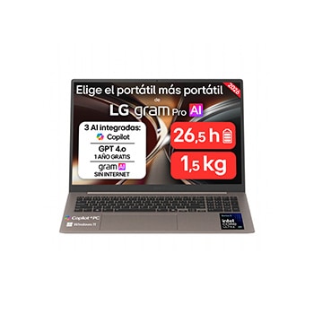 Portátil 17″ LG gram Pro 17Z90UB, Copilot+ PC, Windows 11 Home, Intel® Core™ Ultra X9, 32 GB RAM, 512 GB SSD, Intel® Arc™ B390 graphics, Pantalla IPS Táctil (2560*1600), ligero, 1.539 g, 26.5 h, AI, Chocolate – 17Z90UB-H.AU96BN