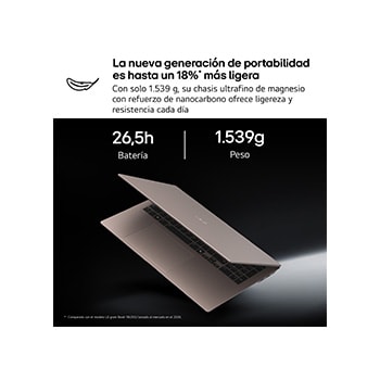 Esta imagen muestra un portátil LG gram ligero flotando sobre un fondo oscuro, destacando su diseño fino y compacto. El texto superior resalta un peso de solo 1.539 g para el tamaño de 17 pulgadas, mientras que en la esquina inferior izquierda aparece un distintivo de certificación MIL‑STD, que indica pruebas de durabilidad de nivel militar.