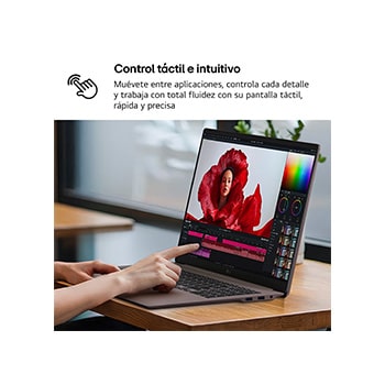 Esta imagen muestra un portátil LG gram conectado a una tablet, smartphone y pantalla de escritorio, ilustrando la sincronización fluida entre múltiples dispositivos y el intercambio de contenido entre iOS, Android y webOS mediante LG gram Link.