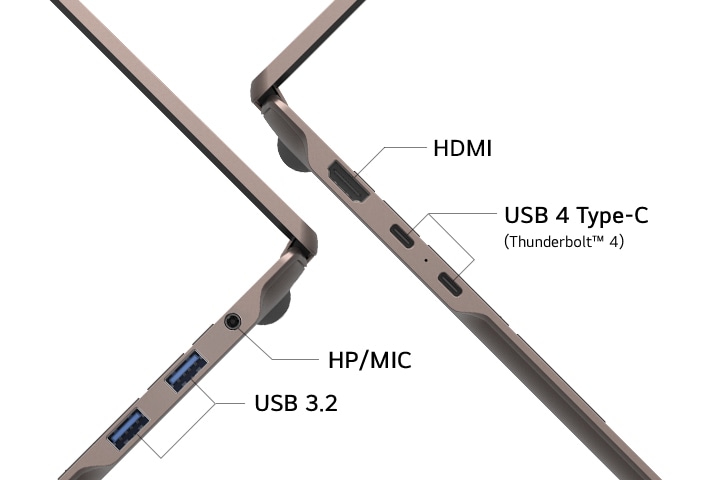 La imagen destaca los puertos laterales de un portátil, incluidos HDMI, USB 3.2, USB 4 Type‑C (Thunderbolt™ 4) y una toma combinada para auriculares/micrófono, lo que permite una conectividad sencilla plug‑and‑play para carga, transferencia de datos y pantallas externas sin necesidad de una estación de acoplamiento.