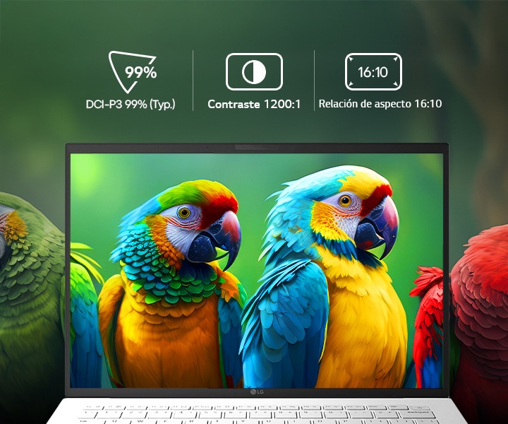 Esta imagen muestra la pantalla del portátil LG gram de 14 pulgadas vista de frente, con unos loros de colores sobre un fondo verde claro, destacando la intensidad de los colores y el nivel de detalle. Sobre la pantalla aparecen iconos que representan las especificaciones clave: gama de color DCI-P3 99% (Typ.), contraste 1200:1 y formato 16:10, indicando el rango de color, el contraste y la relación de aspecto del panel.