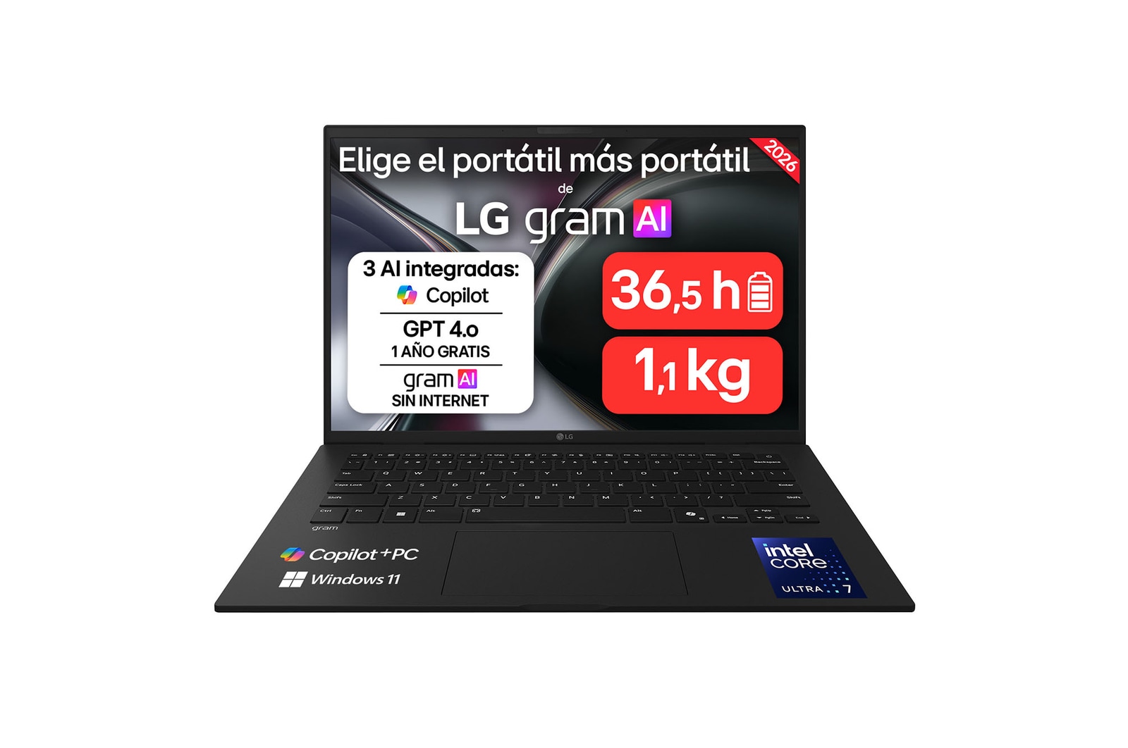 Vista frontal de Portátil 14 " LG gram 14Z90U, Windows 11 Home, Intel® Core™ Ultra 7, 32 GB RAM, 512 GB SSD, Intel® graphics (4Xe), Pantalla IPS (1920*1200), ligero, 1,120 g, 36.5 horas, AI, Negro 14Z90U-G.AU85BN