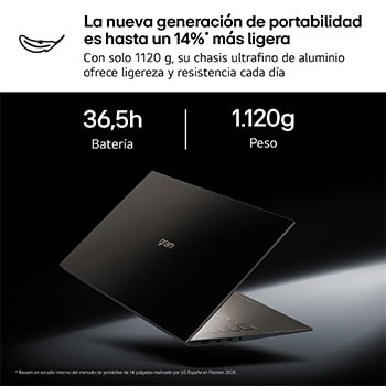 Portátil 14 " LG gram 14Z90U, Windows 11 Home, Intel® Core™ Ultra 7, 32 GB RAM, 512 GB SSD, Intel® graphics (4Xe), Pantalla IPS (1920*1200), ligero, 1,120 g, 36.5 horas, AI, Negro