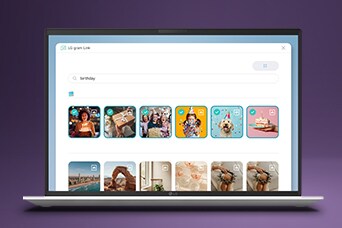 Esta imagen muestra la pantalla del portátil con una interfaz de biblioteca de fotos que incluye miniaturas categorizadas, destacando la búsqueda y organización de fotos con IA en LG gram Link.