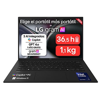 Vista frontal de Portátil 14 " LG gram 14Z90U, Windows 11 Home, Intel® Core™ Ultra 7, 32 GB RAM, 1 TB SSD, Intel® graphics (4Xe), Pantalla IPS (1920*1200), ligero, 1,120 g, 36.5 horas, AI, Negro 14Z90U-G.AU88BN