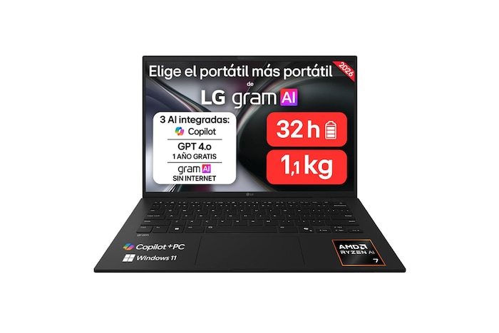 A front-facing view of the LG gram AI laptop with a 14-inch display. The image highlights key specifications shown on the screen, including Windows 11 Home Copilot+ PC, a WUXGA display, AMD Ryzen AI processor, and memory and storage configuration of 32 GB RAM and 2TB SSD.