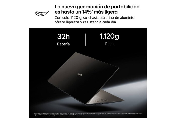 'An LG gram laptop displayed at an angled position on a dark background, emphasizing its lightweight 1,120g body designed for a 14-inch size.