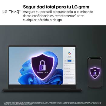 This image shows an LG gram laptop displaying folders alongside a connected phone with a delete icon, illustrating remote erase, lock, and protection features that allow securing laptop data from a mobile device.