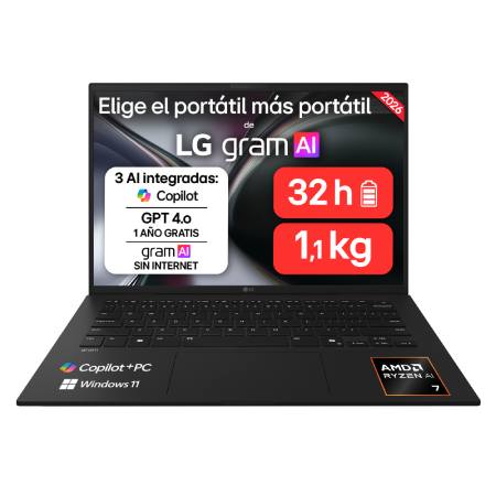 Portátil - LG Gram 14Z95U-G.AU85BN Copilot+ PC, 14" WUXGA, AMD Ryzen™ AI 7 450 50 TOPS, 32GB RAM, 512 GB SSD, Windows 11 Home, Sin cargador