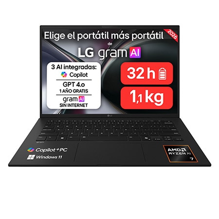 Portátil 14"" LG gram 14Z95U, Copilot+ PC, Windows 11 Home, Ryzen AI 7 450, 32 GB RAM, 1 TB SSD, AMD Radeon™ Graphics, Pantalla IPS (1920*1200), ligero, 1120 g, 32 h, AI, Negro carbó - 14Z95U-G.AU88BN